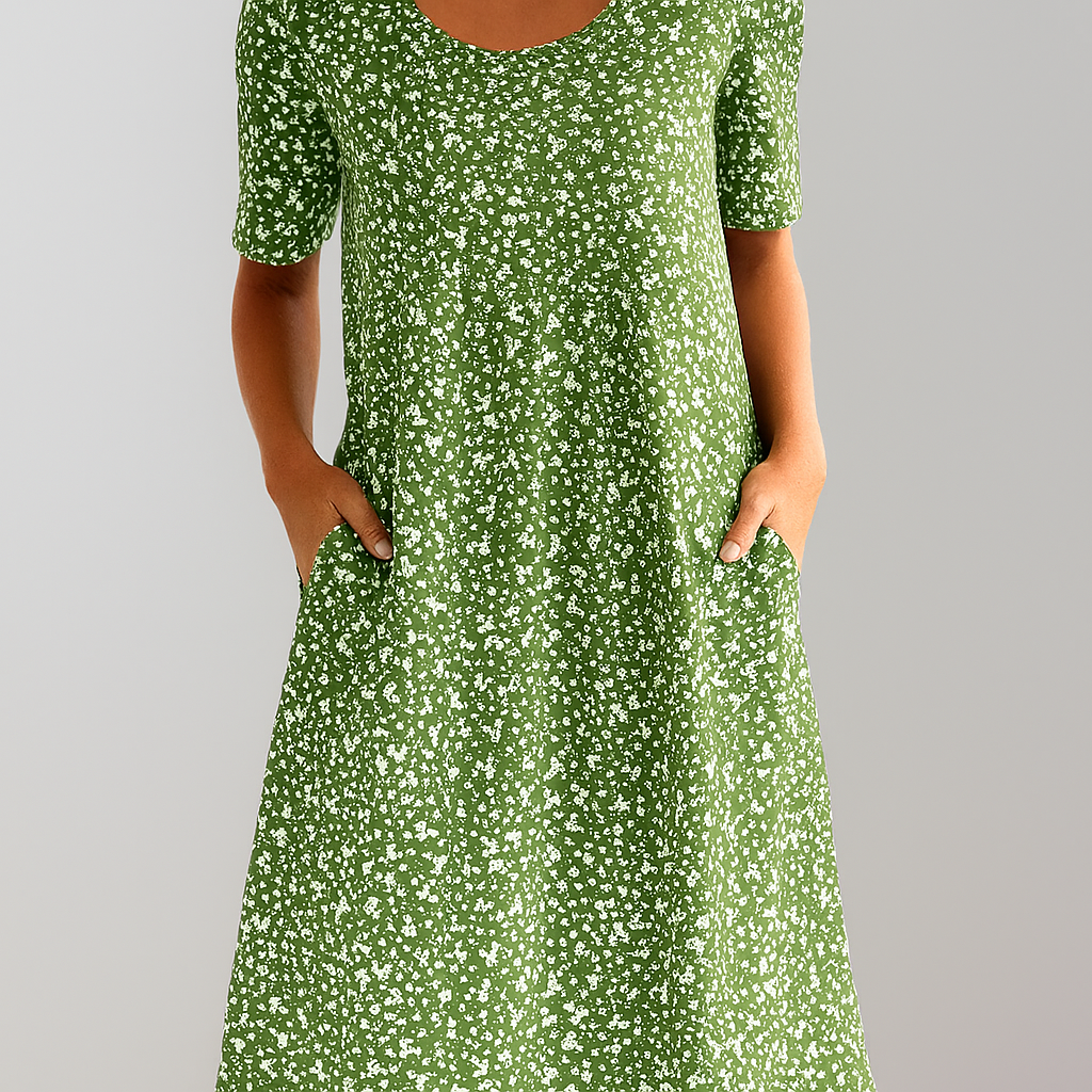 Stylish women's A-line midi dress, vibrant floral pattern, high waist, and convenient pockets for daily wear.