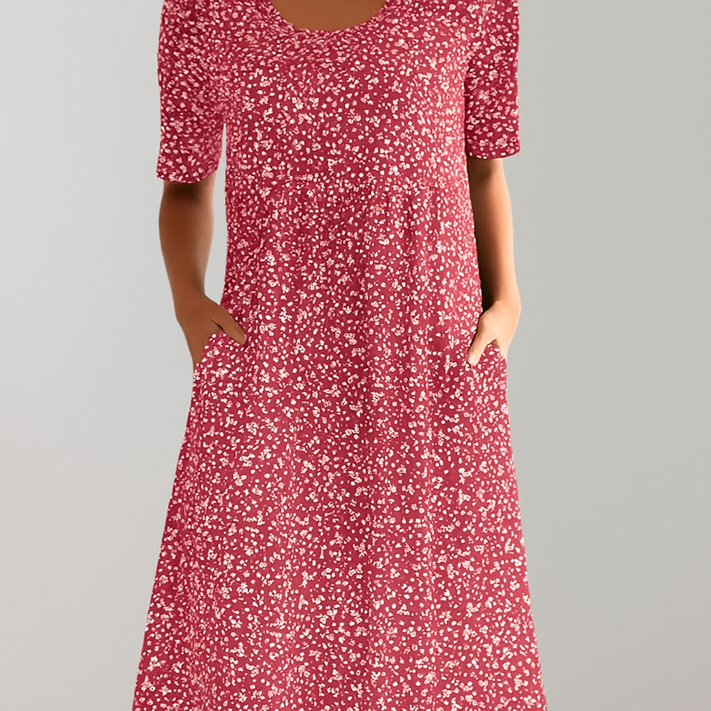 Casual women's floral high-waist midi dress, comfortable A-line design with pockets. Perfect for summer outings.