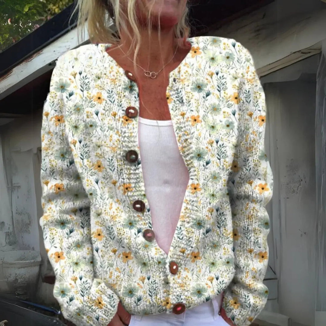 Women's floral knit button-up cardigan, perfect for autumn layering and casual stylish outfits.