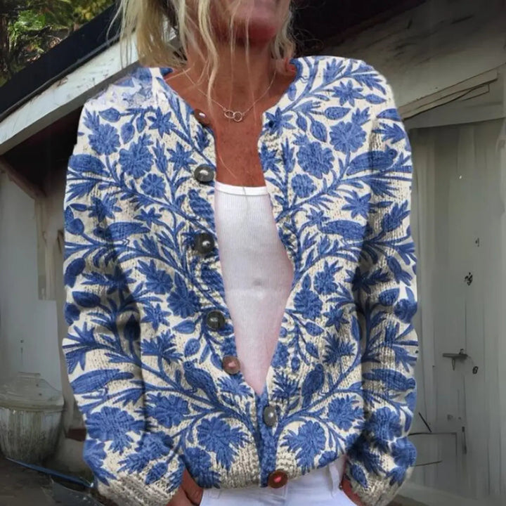 Stylish women's floral print button-up cardigan for versatile autumn fashion & winter wear. Relaxed fit.
