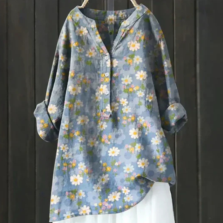 Lightweight women's floral long sleeve V-neck top, ideal for a chic spring fashion or casual summer outfit.