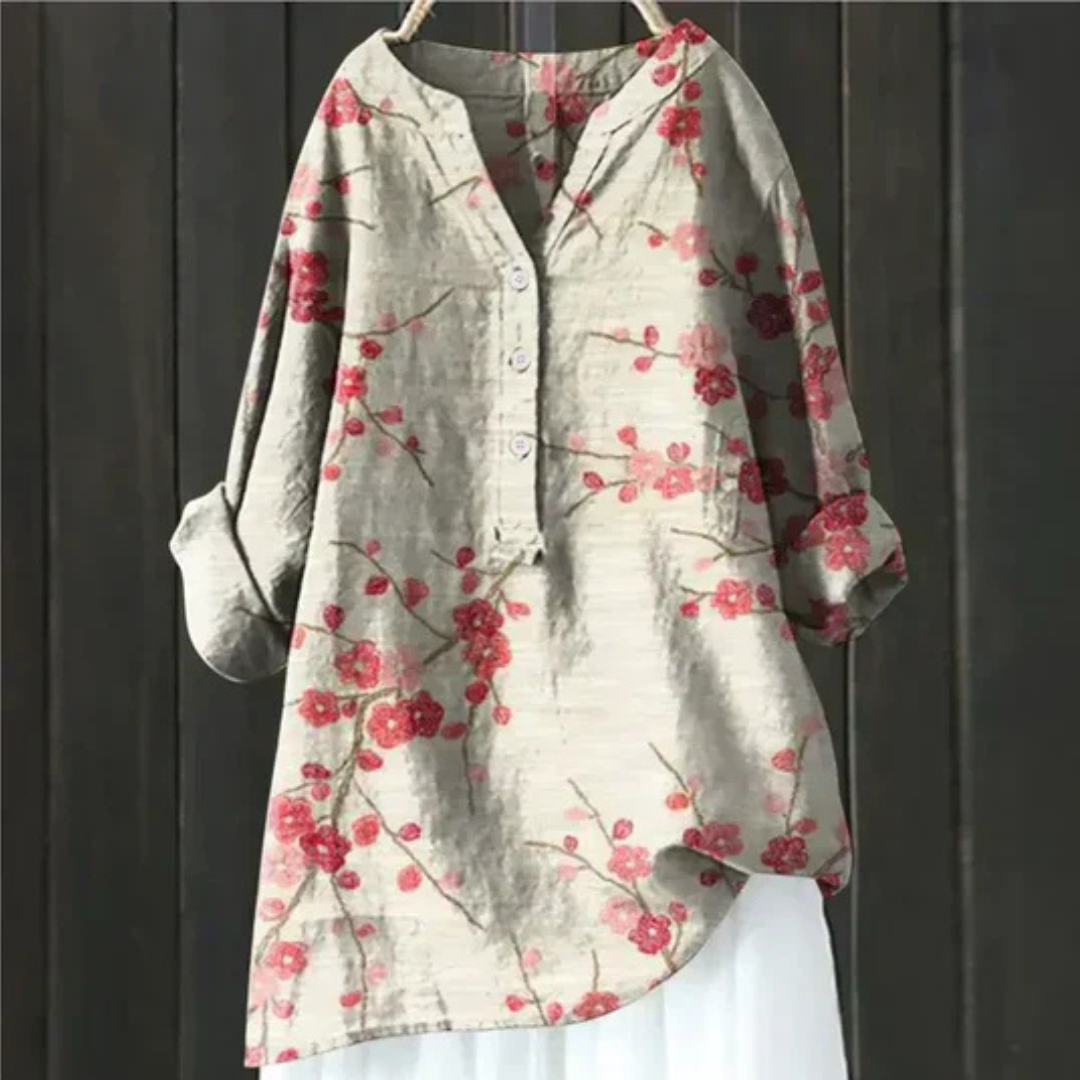 Modern women's casual floral long sleeve top with a V-neck, great for a relaxed spring or summer look.