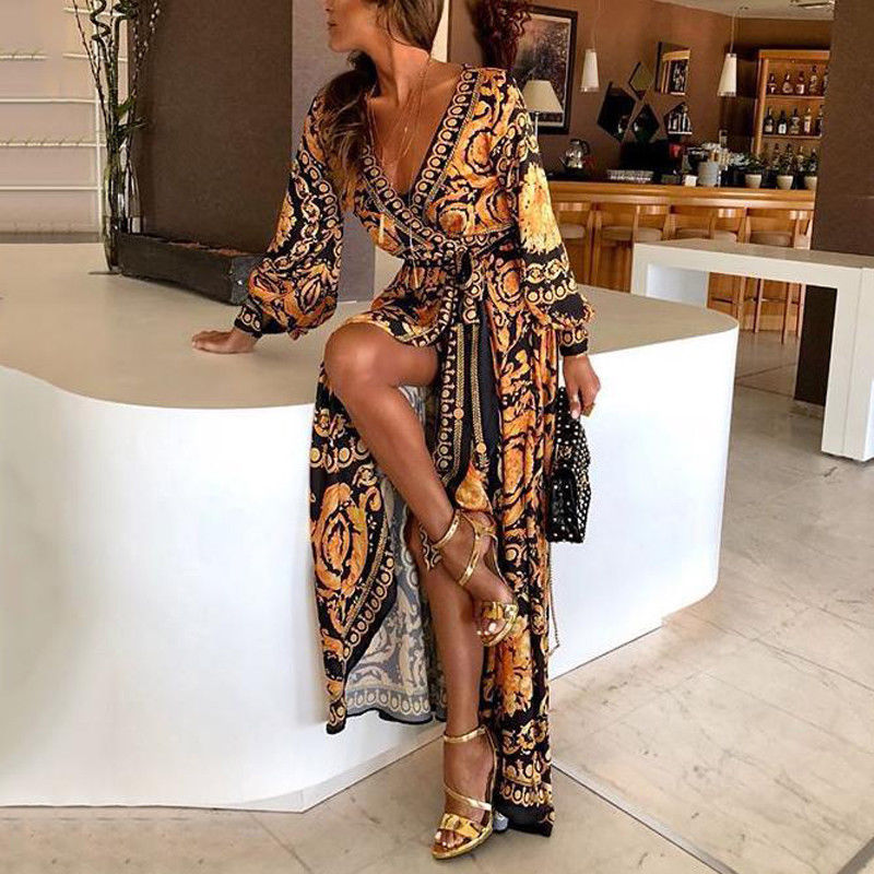 Women's floral long sleeve boho maxi dress for summer vacation & spring fashion.