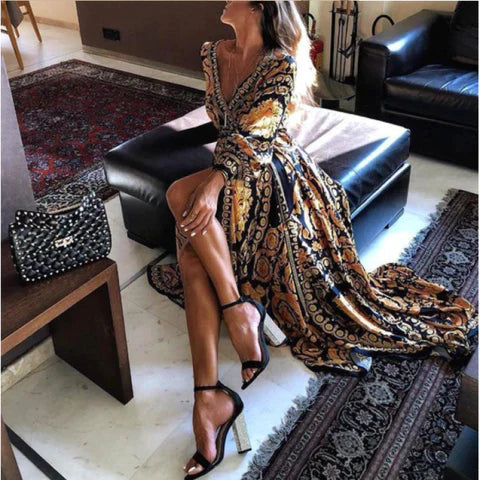 Women's floral long sleeve boho maxi dress, perfect for summer, spring, or festival fashion.