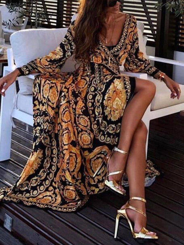 Spring/summer long sleeve floral maxi dress for women, embodying boho chic & comfortable style.