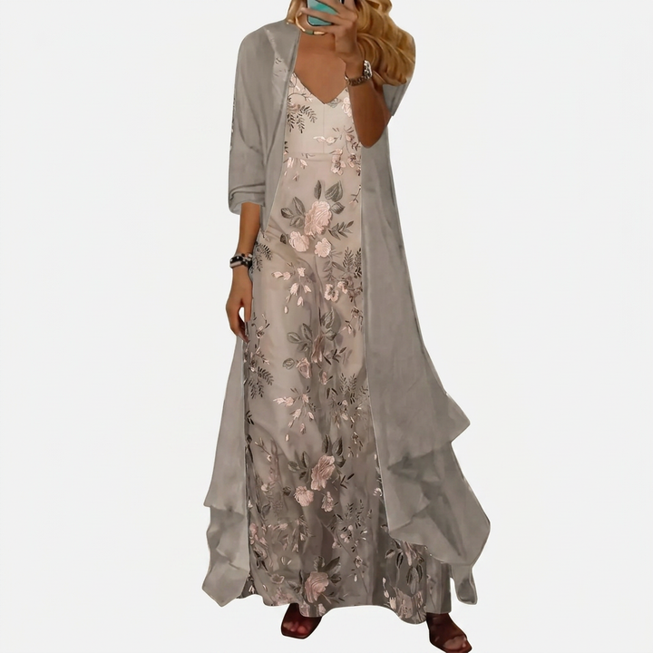 Versatile women's floral maxi dress & duster jacket two-piece set for wedding guests or casual wear.