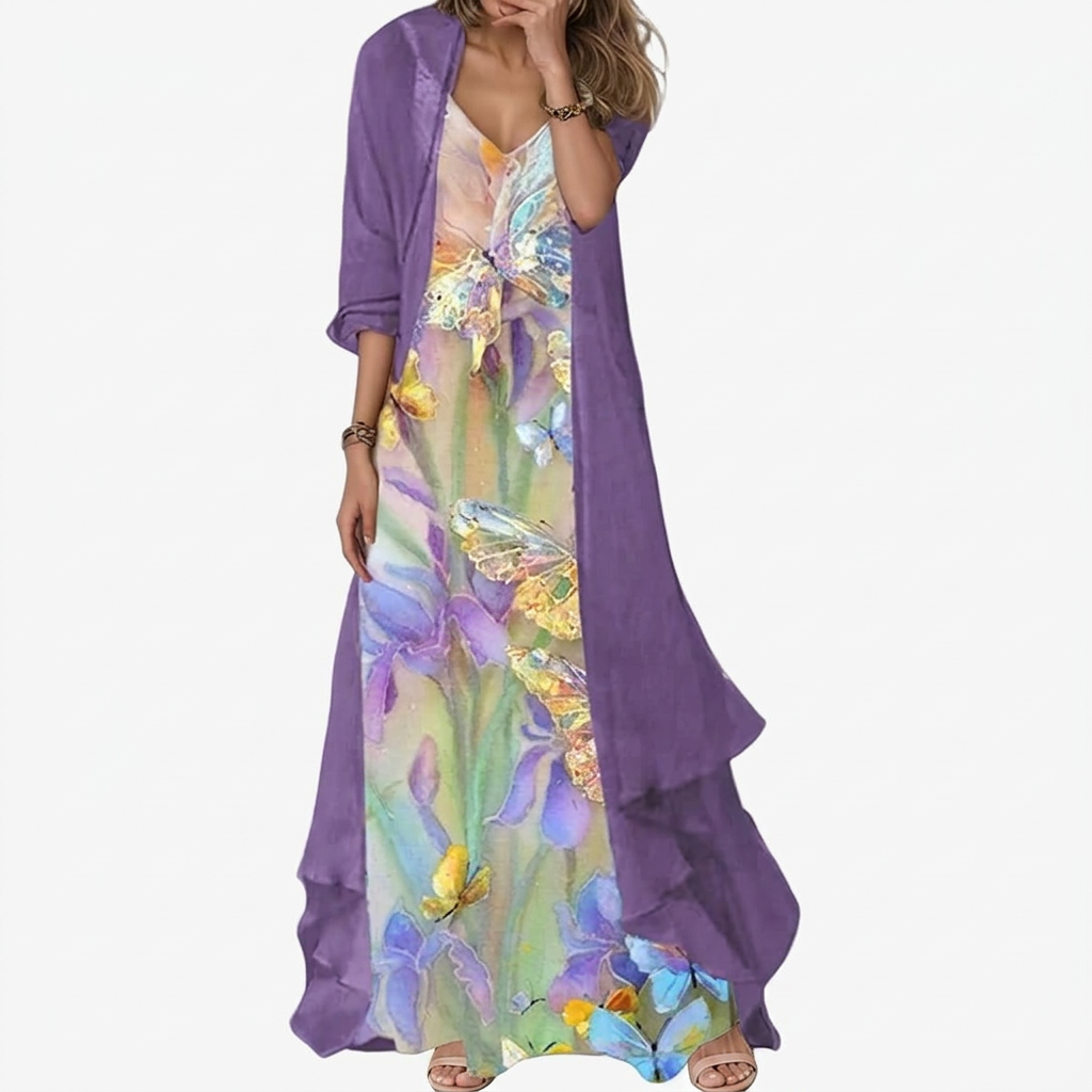Beautiful women's floral maxi dress and long duster jacket set, ideal for spring fashion & events.