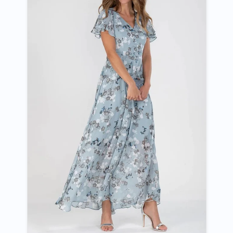 Women's floral maxi dress with elegant butterfly sleeves, perfect for summer parties or vacation.