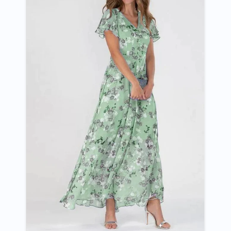 New spring fashion floral maxi dress for women, featuring chic butterfly sleeves. Ideal for elegant wear.