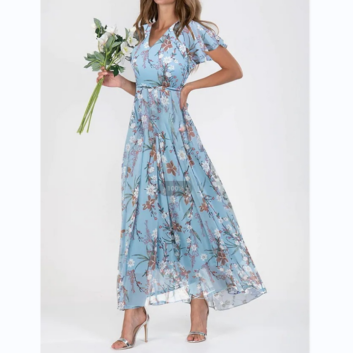 Casual chic long floral dress for women, featuring unique butterfly sleeves, great for spring vacation.