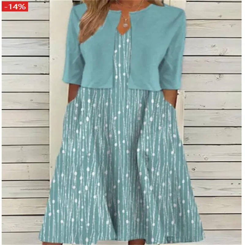 Fashionable women's floral print midi dress and shrug outfit. Chic day dress for summer, spring, and versatile occasions.