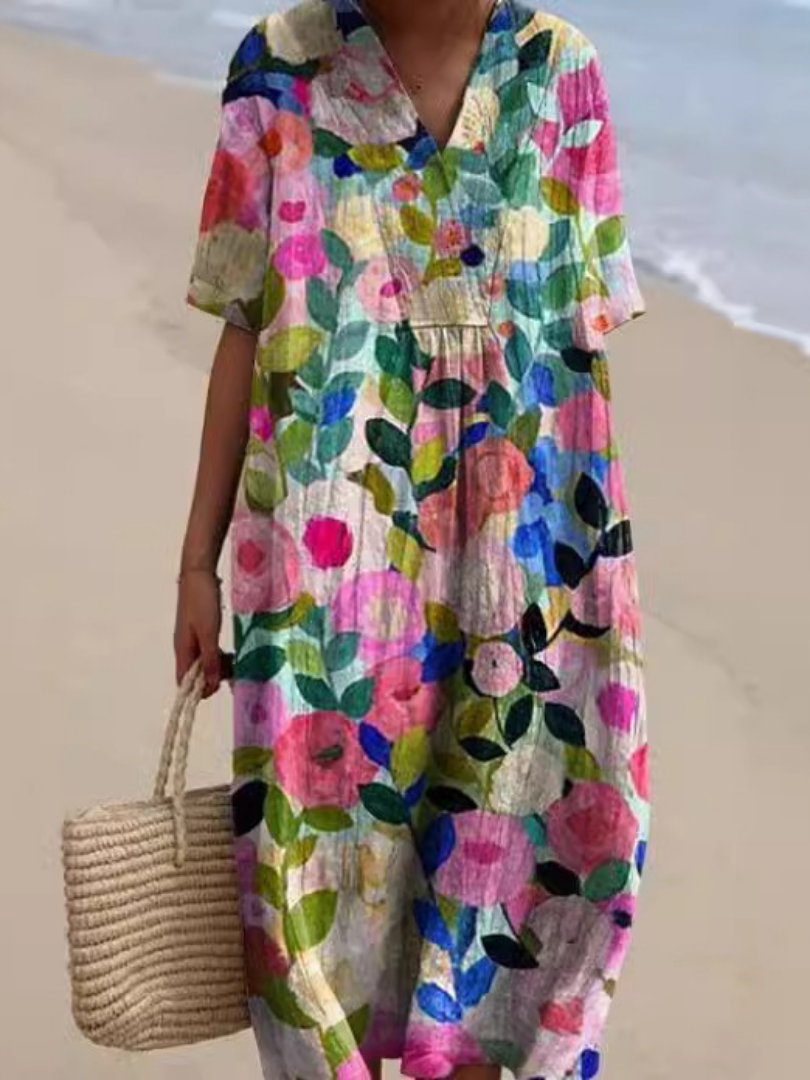 Women's floral midi dress with short sleeves & relaxed fit, perfect for summer casual wear.