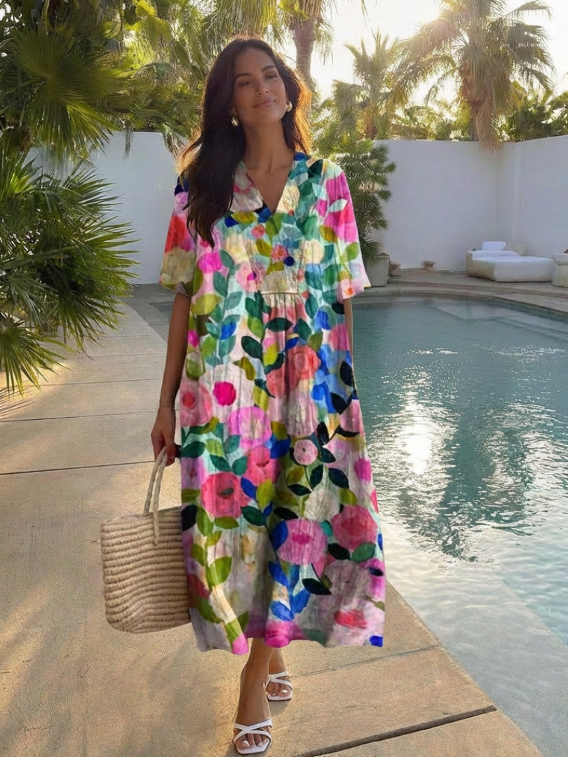 Comfortable women's floral midi dress, short sleeve, relaxed fit, ideal for everyday casual wear.