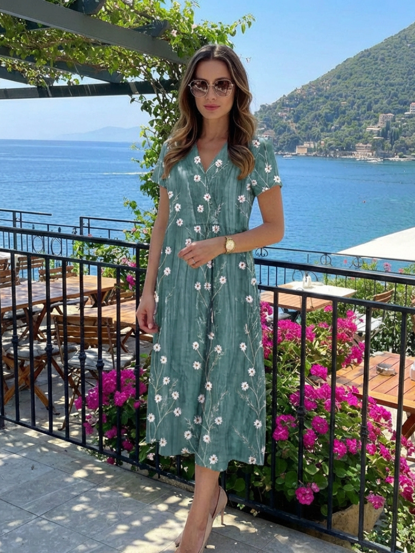 Easy pull-on floral midi dress for women, short sleeve, relaxed fit, great for travel & everyday.