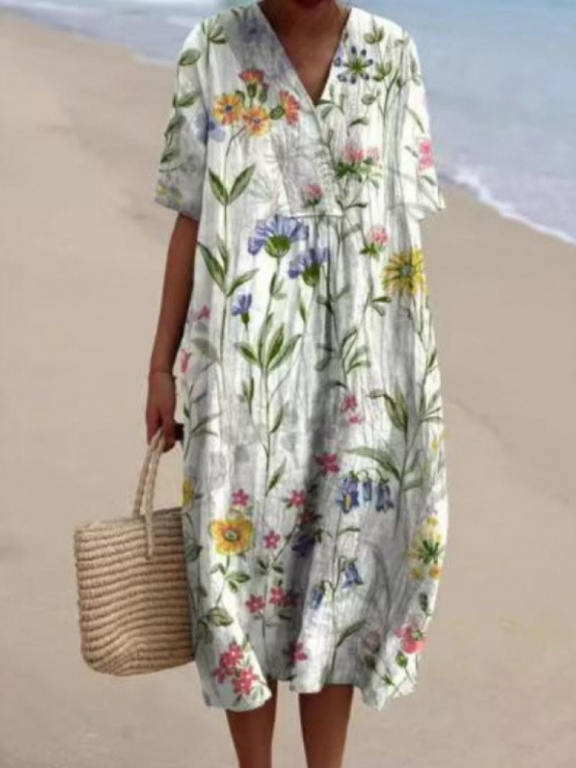 Elegant women's short sleeve floral midi dress, relaxed fit, a comfortable & flowy summer dress.