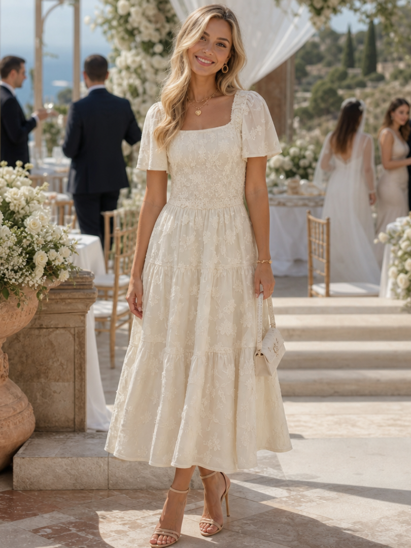 Women's floral midi dress with short sleeves & tiered skirt for elegant spring wear.