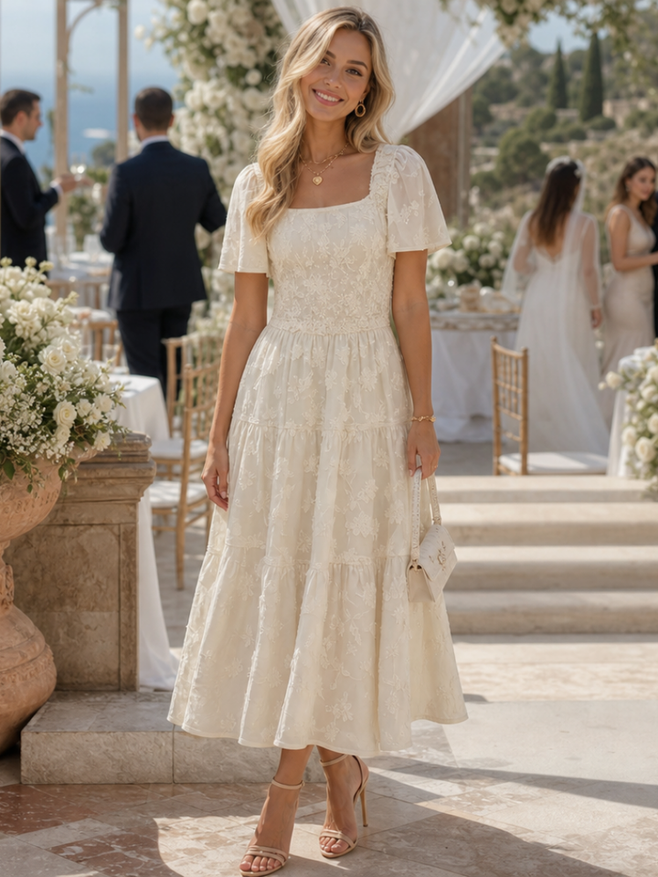 Women's floral midi dress with short sleeves & tiered skirt for elegant spring wear.