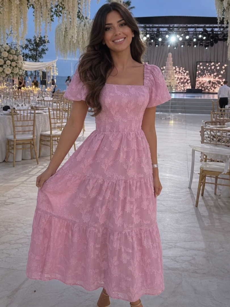 Elegant women's short sleeve floral midi dress, tiered skirt, ideal for day or evening wear.
