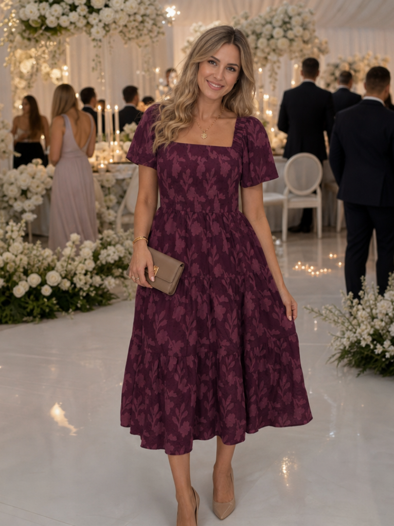 Versatile women's floral midi dress, short sleeve, tiered, a must-have for spring & summer.