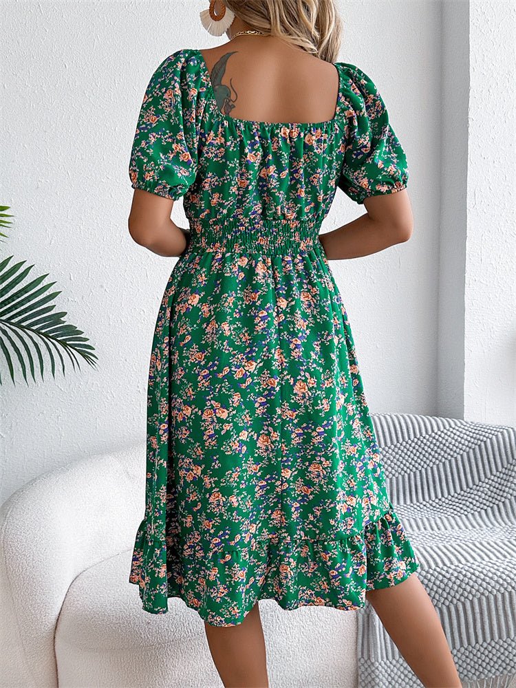 Chic women's floral midi dress with a comfortable smocked square neck & fashionable puff sleeves.