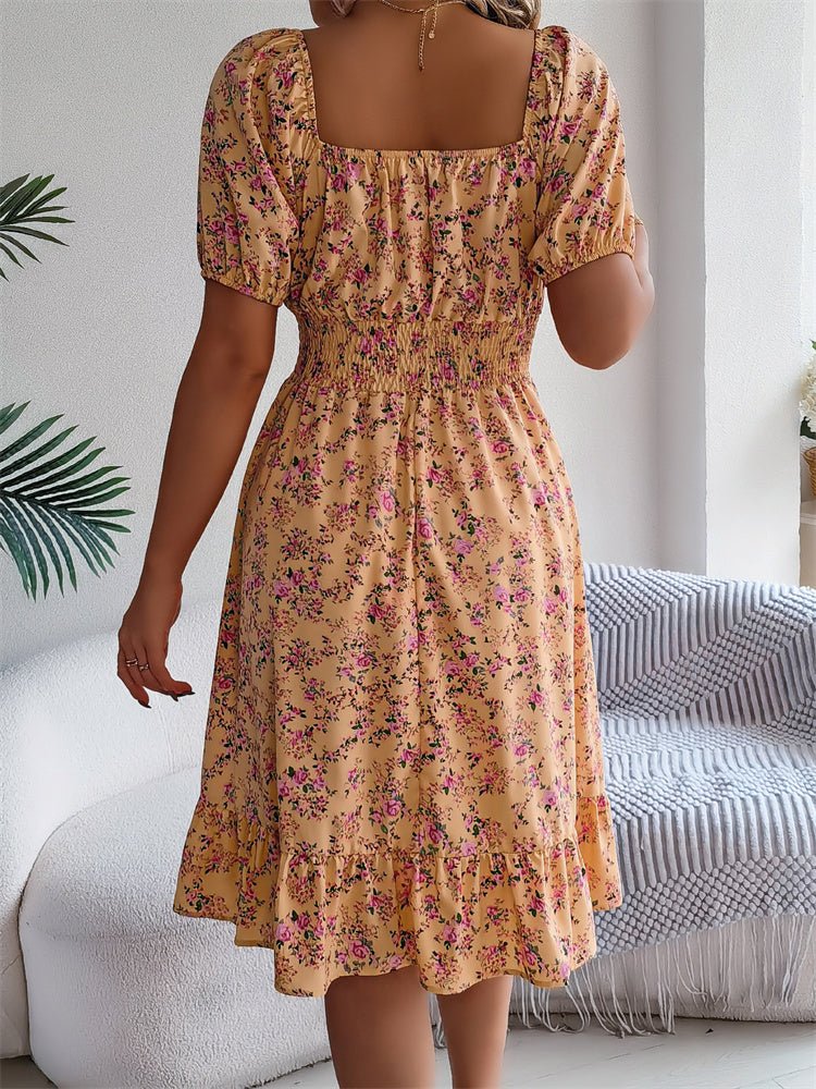 Summer women's midi dress: vibrant floral pattern, smocked bodice, square neck & puff sleeves.