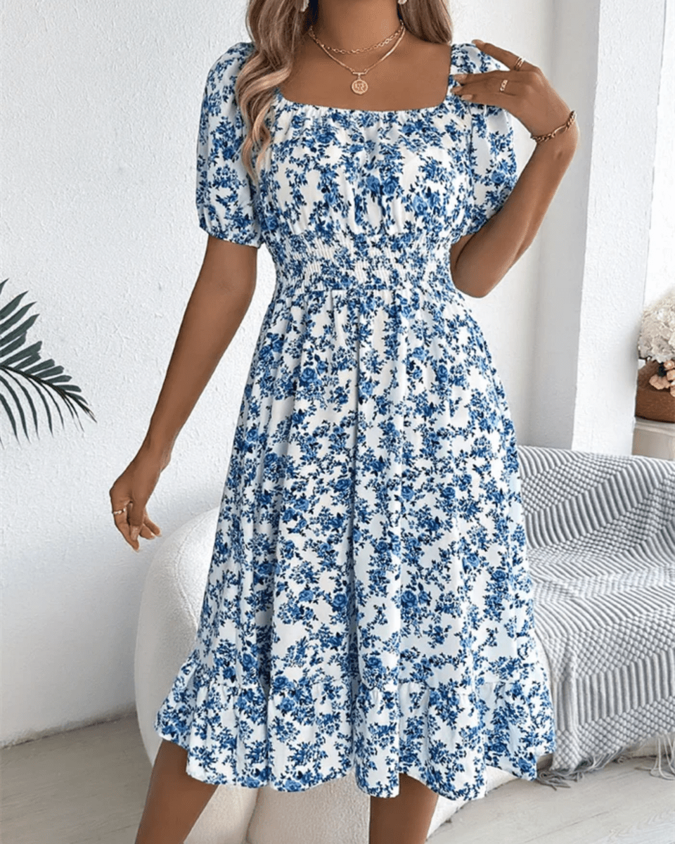 Autumn women's floral midi dress with smocked square neck, puff sleeves, sophisticated style.