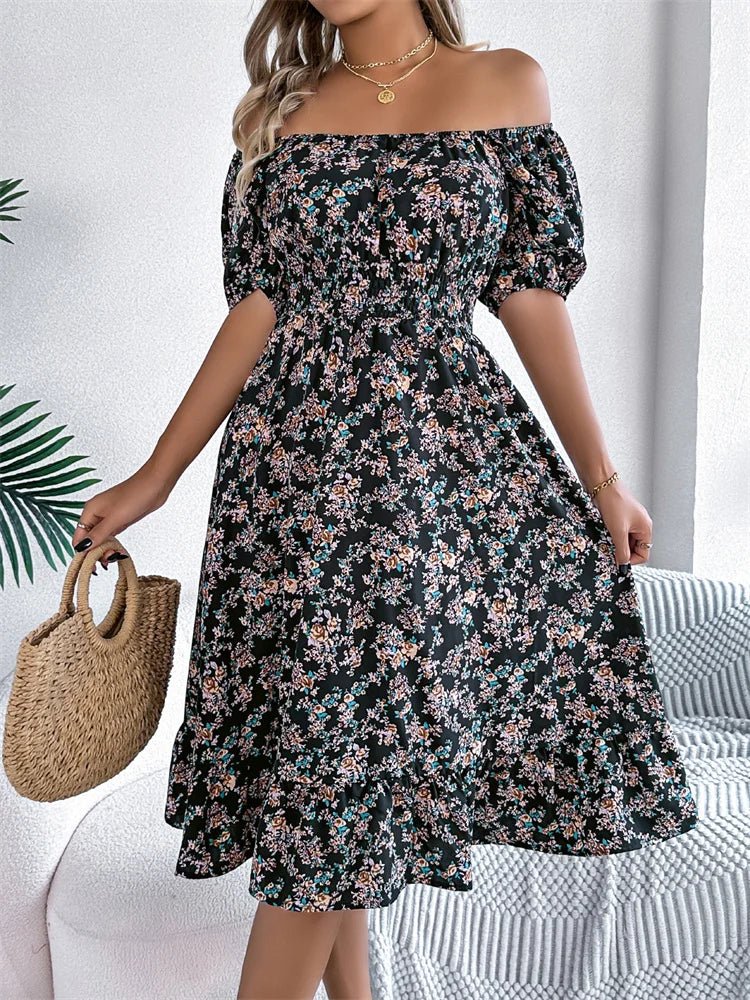 Women's smocked floral midi dress with square neck & puff sleeves, perfect for day or evening.