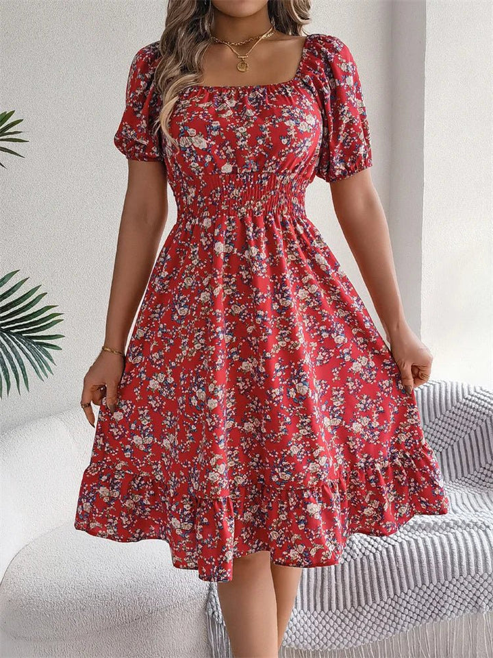 Trendy women's midi dress: floral pattern, smocked square neck, stylish puff sleeves.