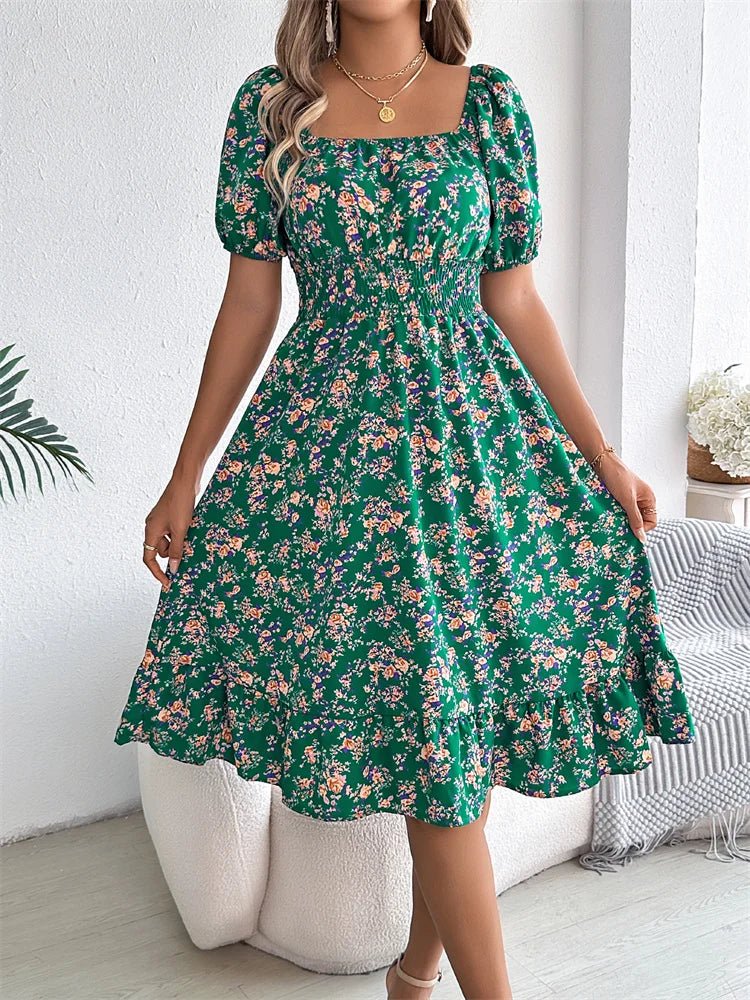 Versatile women's floral midi dress, smocked square neck, puff sleeves for summer & autumn.