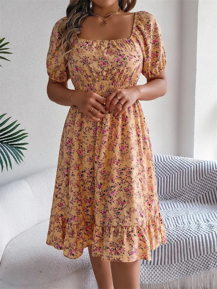Women's elegant floral midi dress, smocked square neckline, charming puff sleeves, occasion wear.