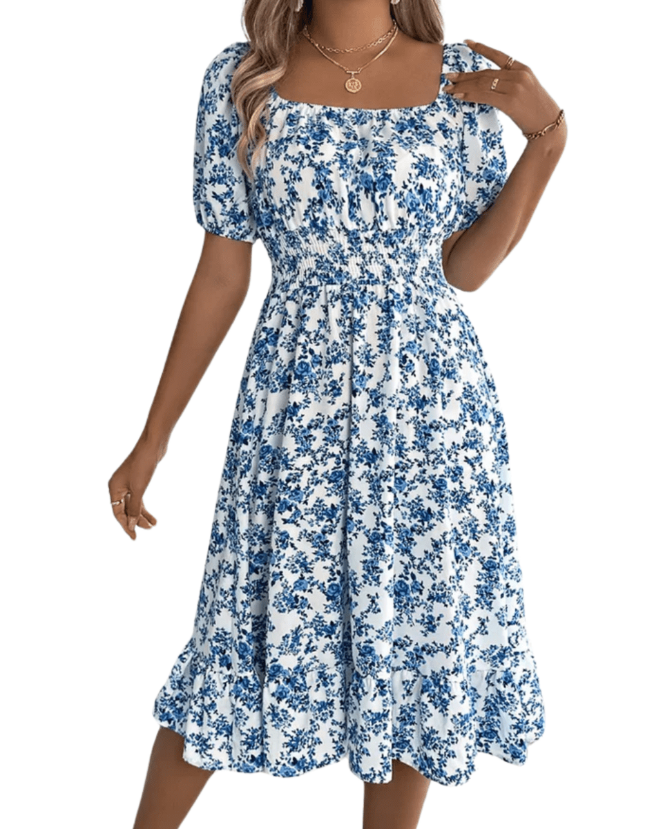 Stylish floral midi dress for women, featuring a smocked bodice, square neckline & puff sleeves.