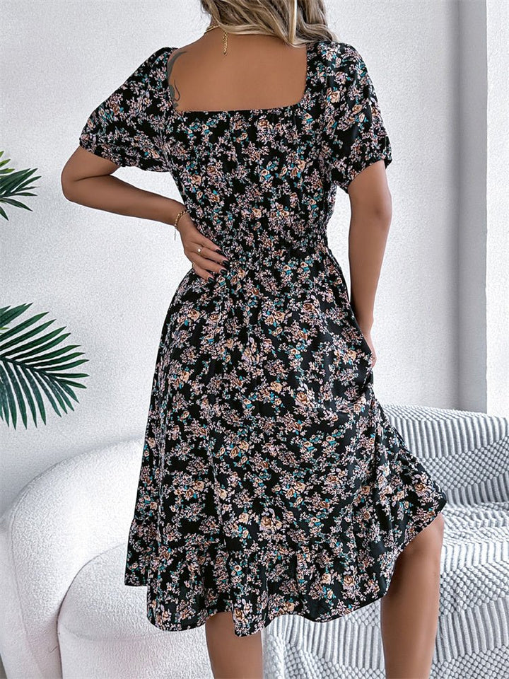Autumn style women's floral midi dress with smocked square neck and graceful puff sleeves.