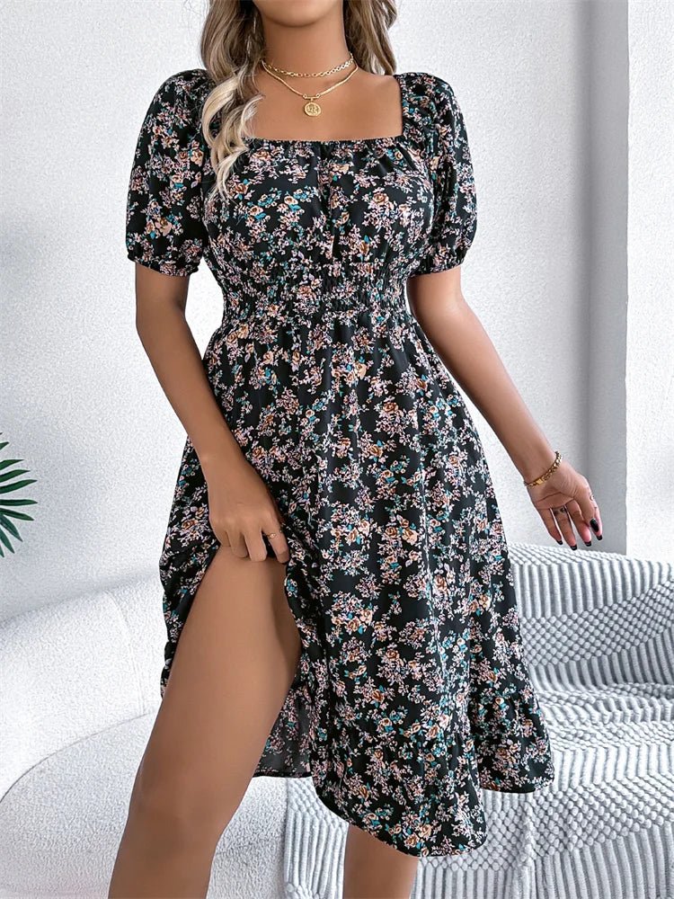 Women's occasion wear: floral midi dress, smocked square neck, puff sleeves for an elegant look.