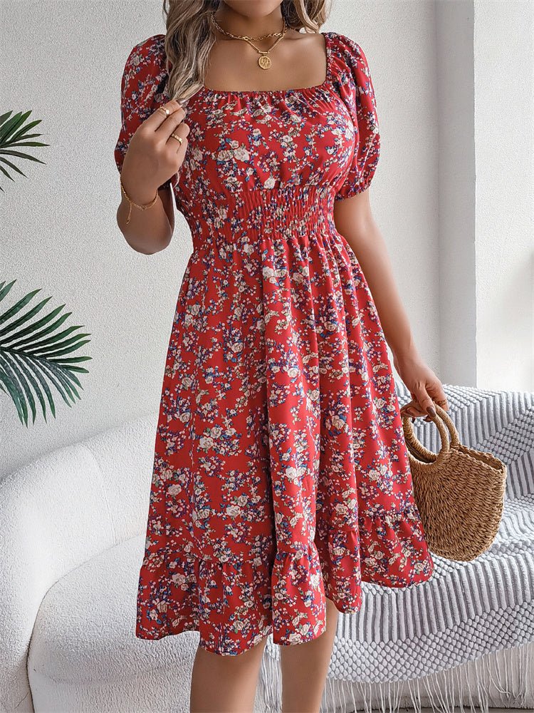 Day dress: women's floral midi with comfortable smocked square neck and charming puff sleeves.
