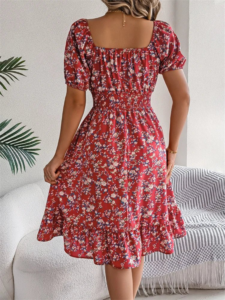Evening dress option: women's floral midi, smocked square neck & puff sleeves, perfect for events.