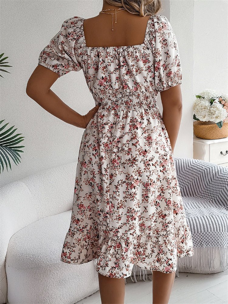 Floral print midi dress for women, featuring a flattering smocked square neck & puff sleeves.