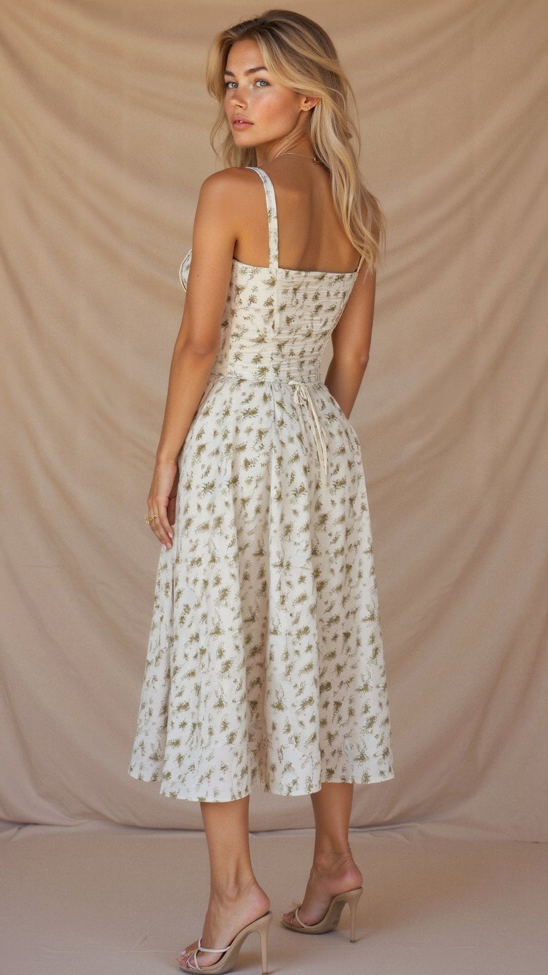 Elegant women's floral midi dress with a sweetheart neckline, corset-style top, and flowing skirt.