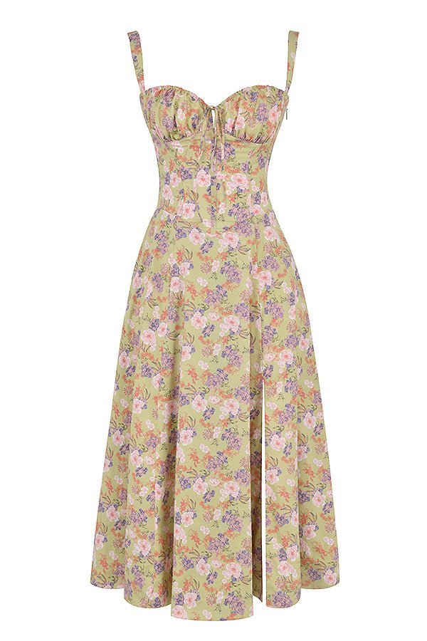 Stylish women's floral midi dress, elegant corset top, flattering sweetheart neckline for summer.