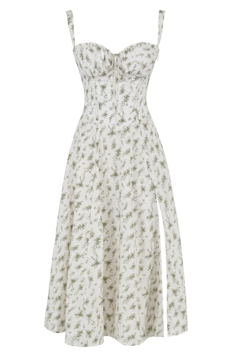 Vibrant floral midi dress for women, featuring a corset bodice and alluring sweetheart neckline.