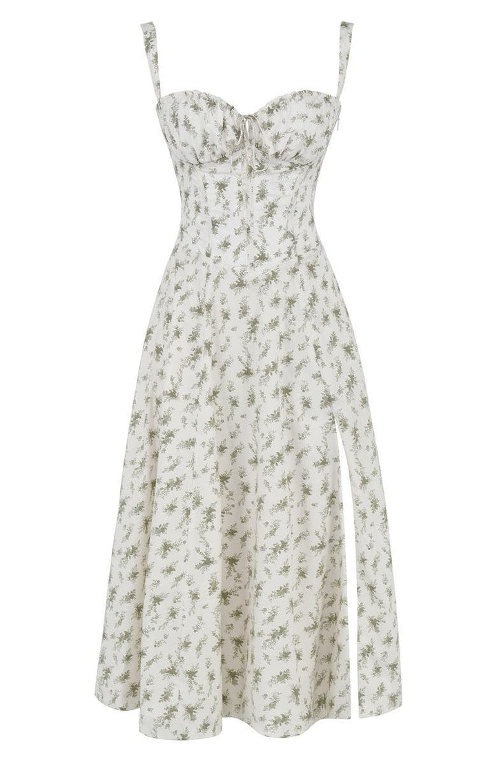 Vibrant floral midi dress for women, featuring a corset bodice and alluring sweetheart neckline.