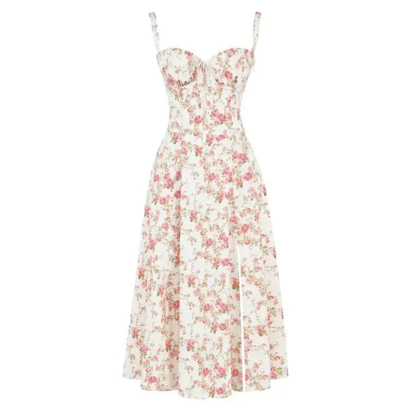 Sophisticated women's floral midi dress, sweetheart neckline, corset detailing, ideal for parties.