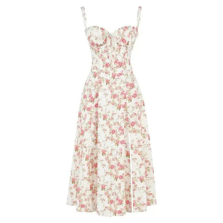 Sophisticated women's floral midi dress, sweetheart neckline, corset detailing, ideal for parties.