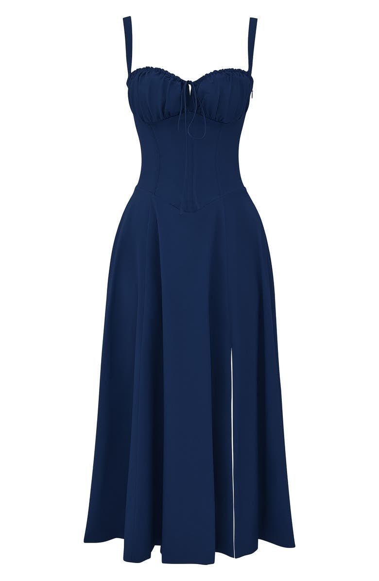 Elegant women's floral midi dress, corset-inspired design, charming sweetheart neckline.