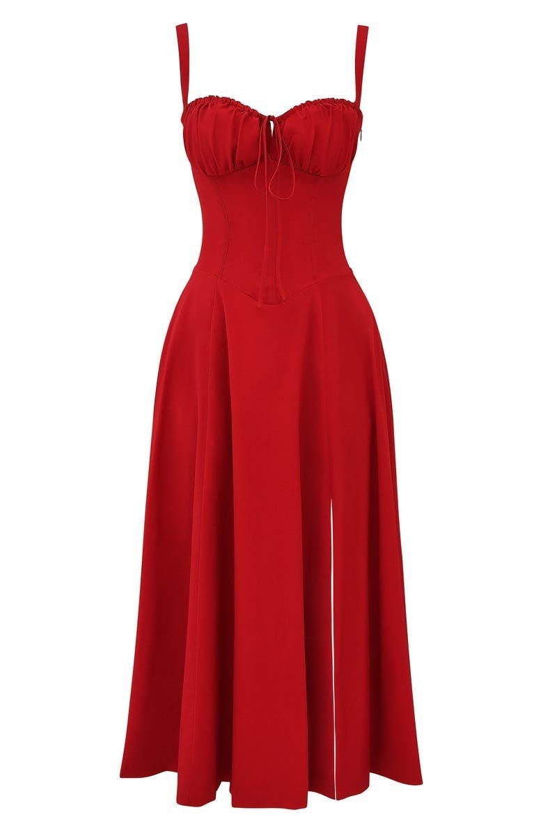 Flowing floral midi dress for women, corset style bodice, sweetheart neckline, perfect for spring/summer.