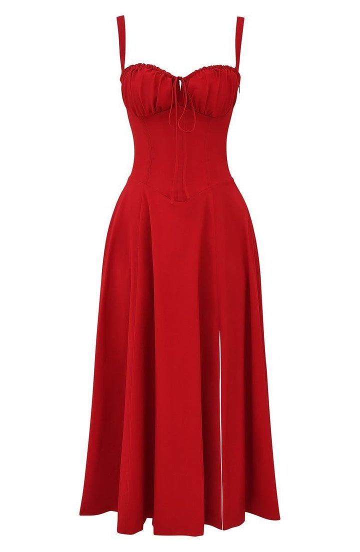 Flowing floral midi dress for women, corset style bodice, sweetheart neckline, perfect for spring/summer.