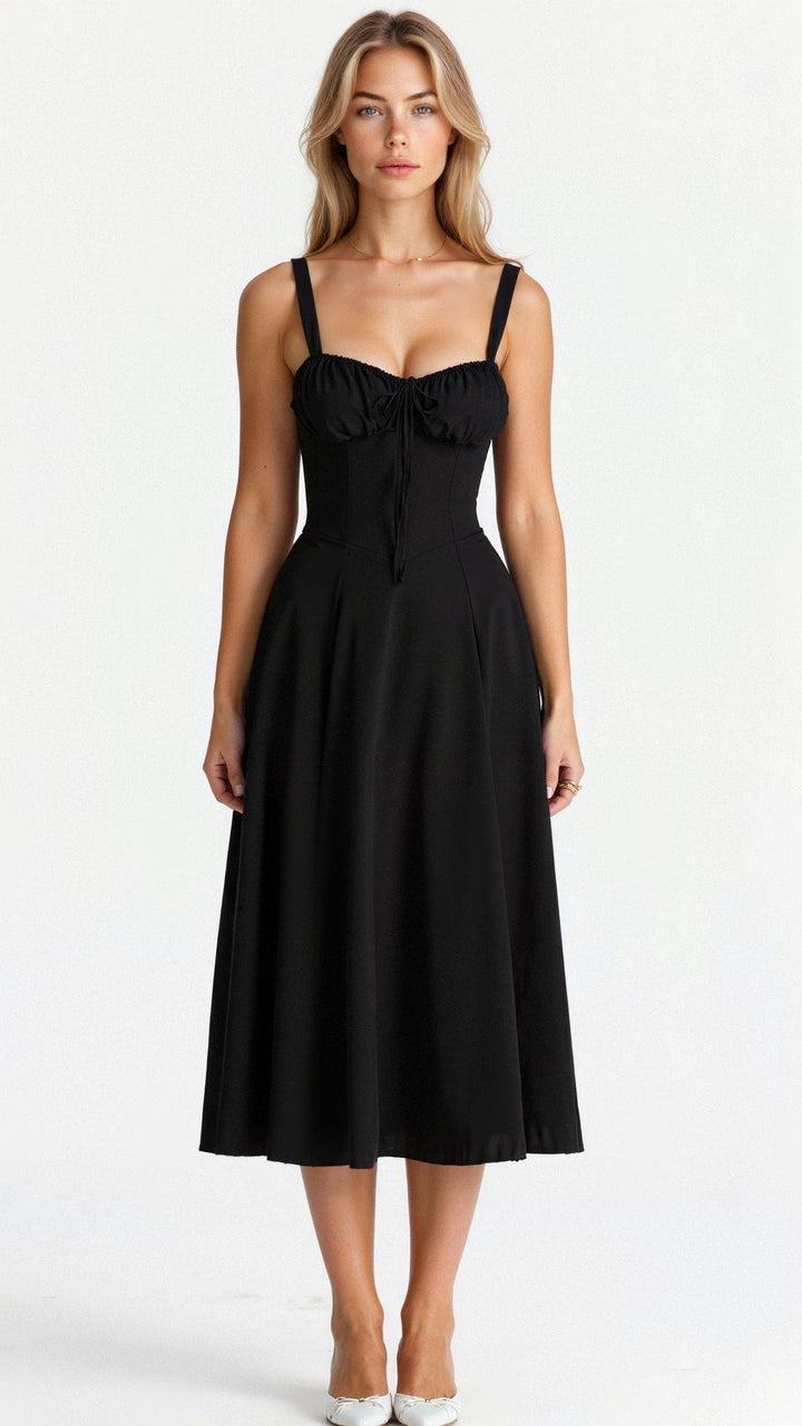 Elegant women's floral midi dress, corset style with sweetheart neckline and adjustable straps.