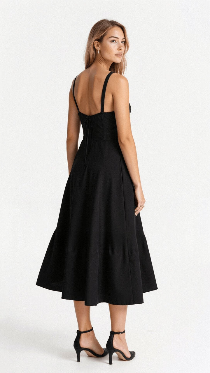 Spring fashion floral midi dress for women, with a chic corset bodice and sweetheart neckline.