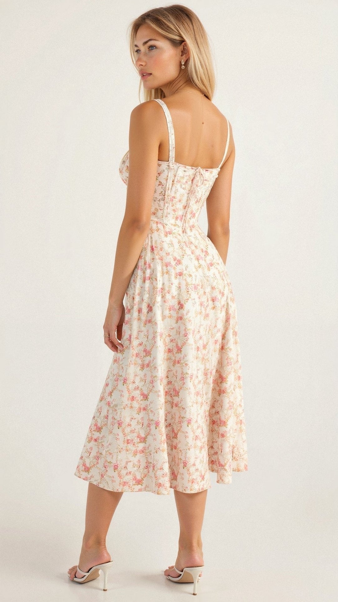 Beautiful floral print midi dress, women's corset style with a flattering sweetheart neckline.