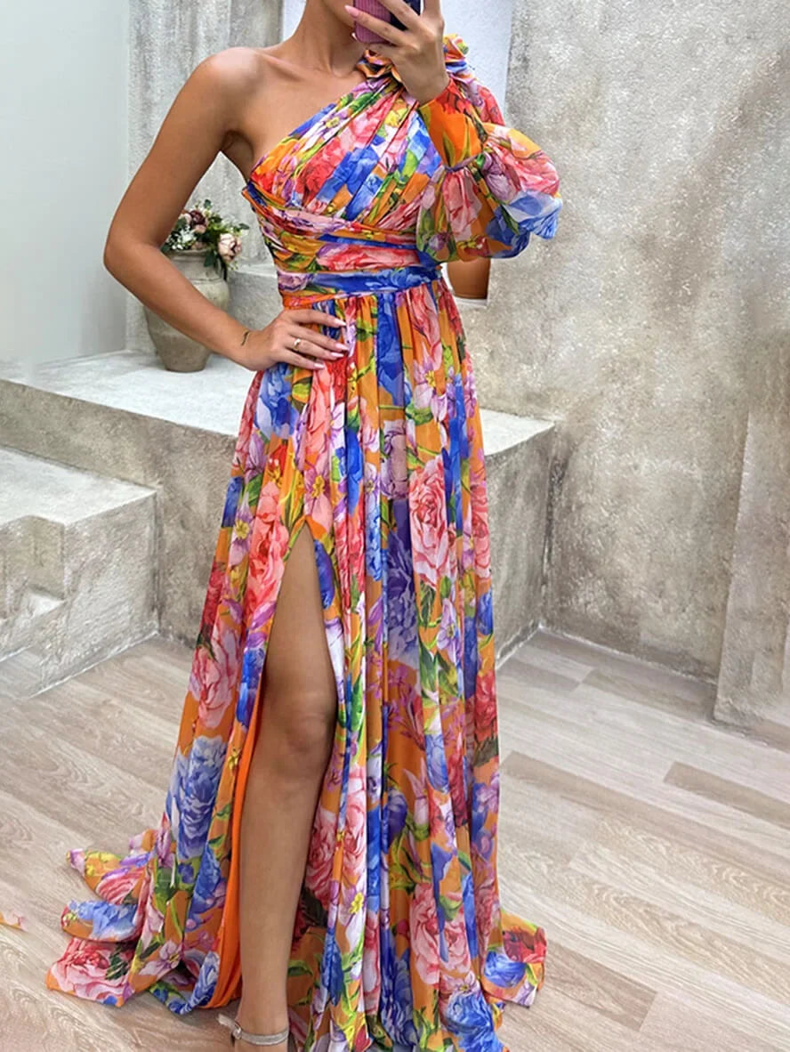 Summer-ready women's one-shoulder floral maxi dress with a flowing high slit.