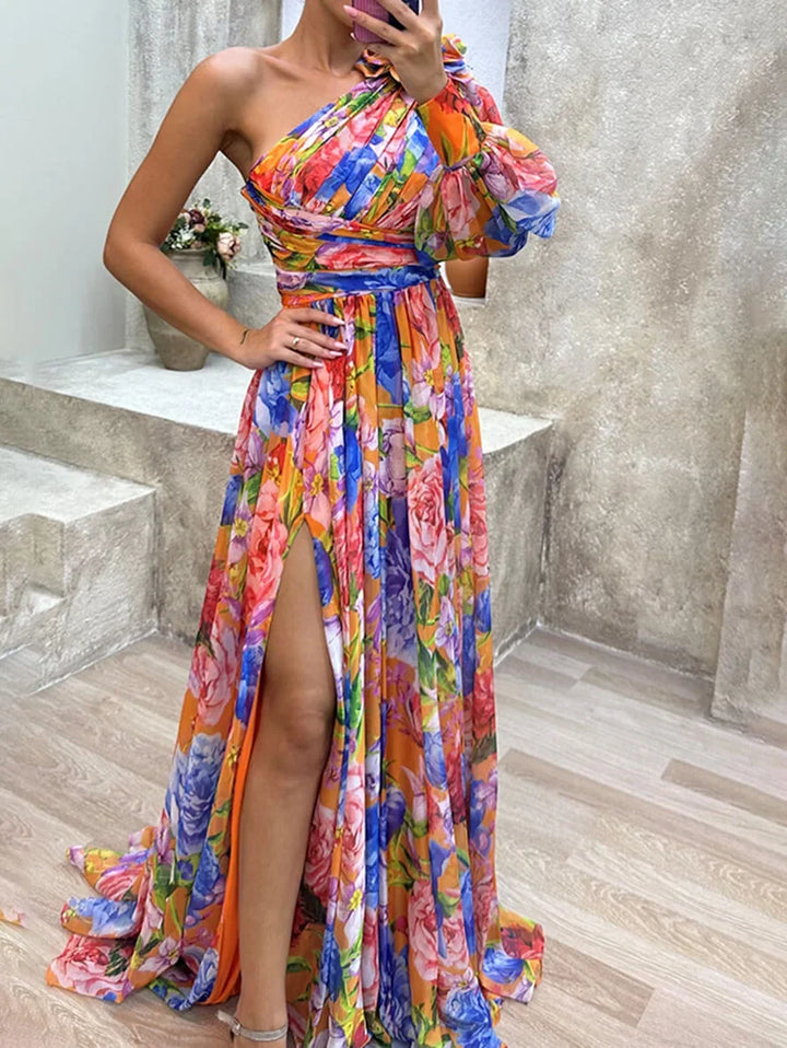 Summer-ready women's one-shoulder floral maxi dress with a flowing high slit.